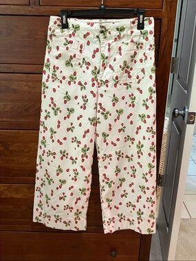 Anthropologie Maeve Colette Strawberry Print High-Rise Wide Leg Crop Pants